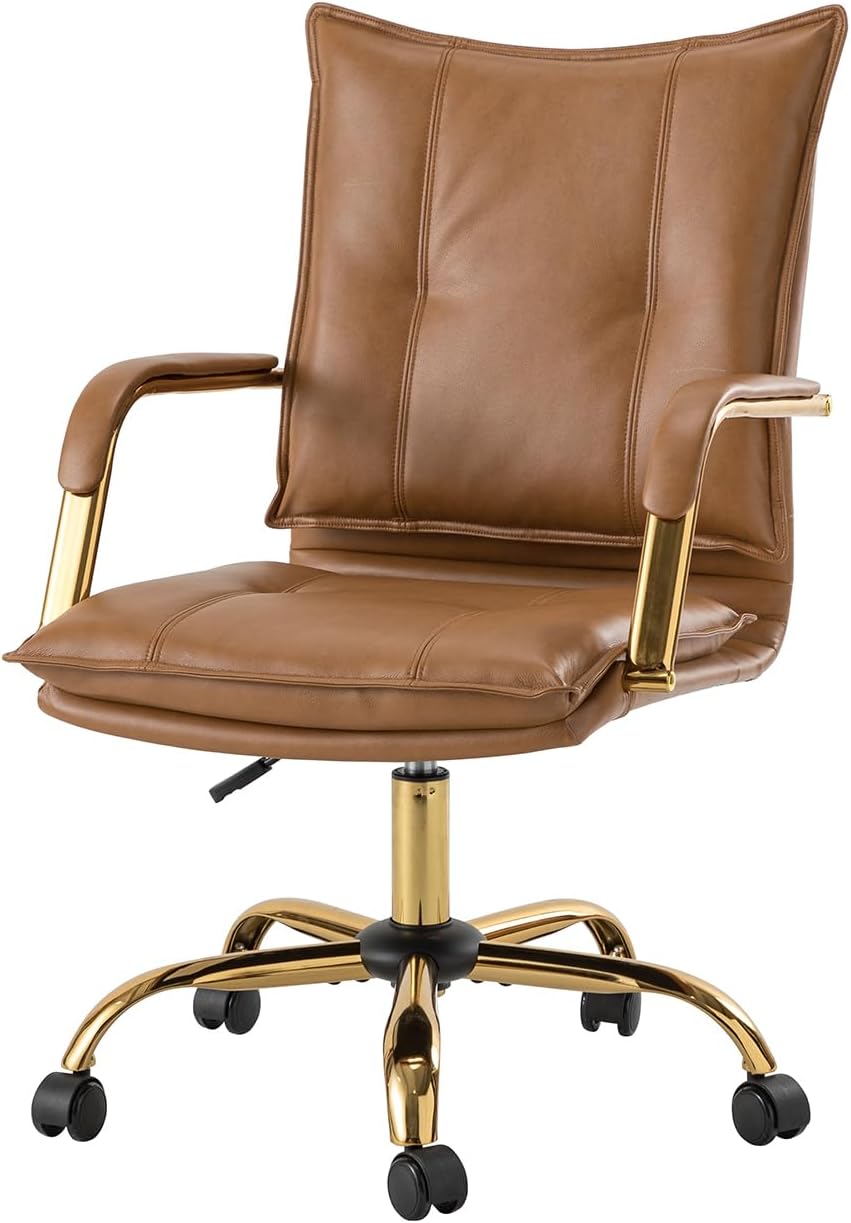 TINA’S HOME Silla de escritorio de piel sintética para oficina en casa, silla giratoria ajustable para computadora con patas y brazos dorados,