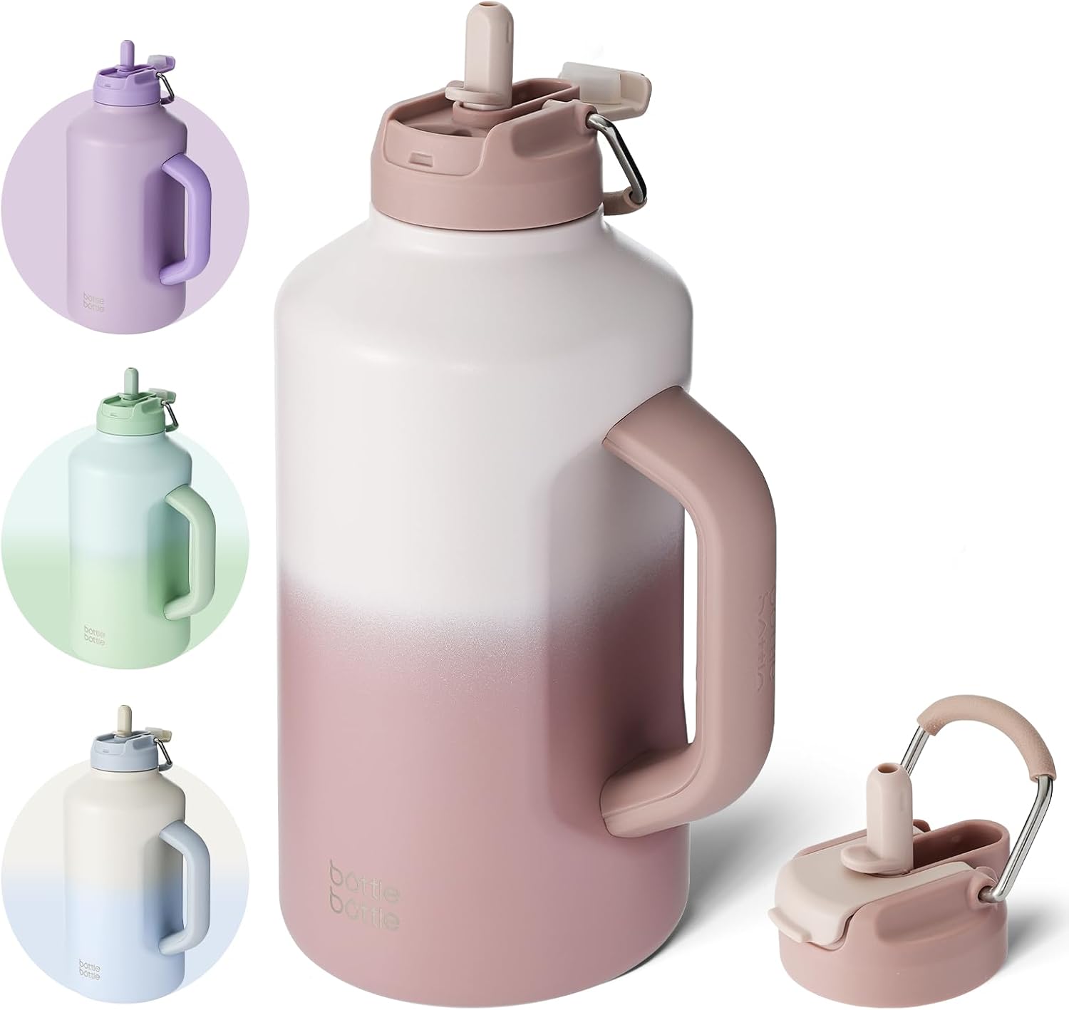 BOTTLE BOTTLE Botella de agua aislada de 64 onzas con popote y tapa de doble uso, botella de agua deportiva de acero inoxidable con asa al vacío de