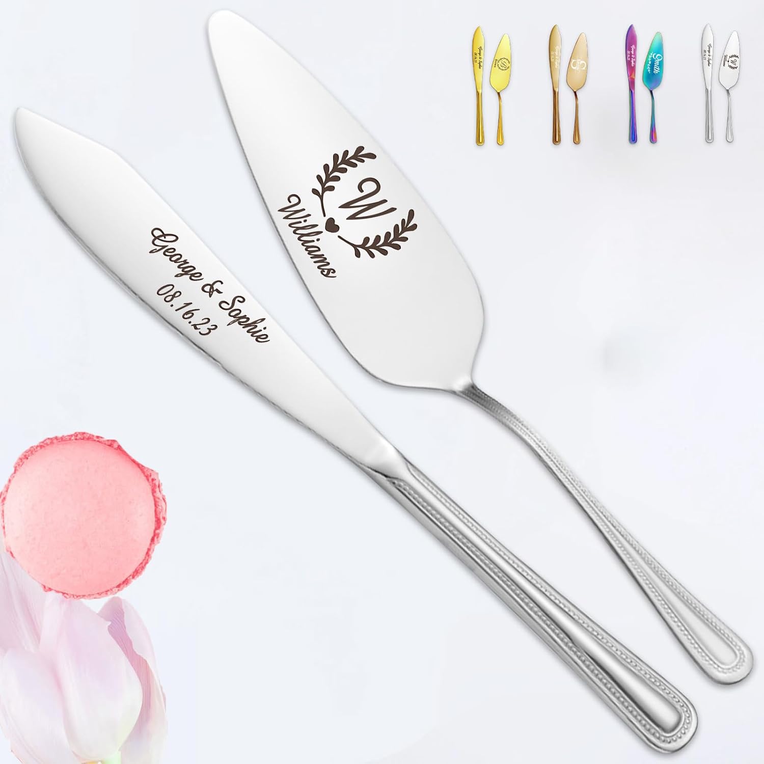 Juego de cuchillo y servidor personalizado para tartas de boda, grabado personalizado, acero inoxidable, para compromiso, aniversario, regalos de