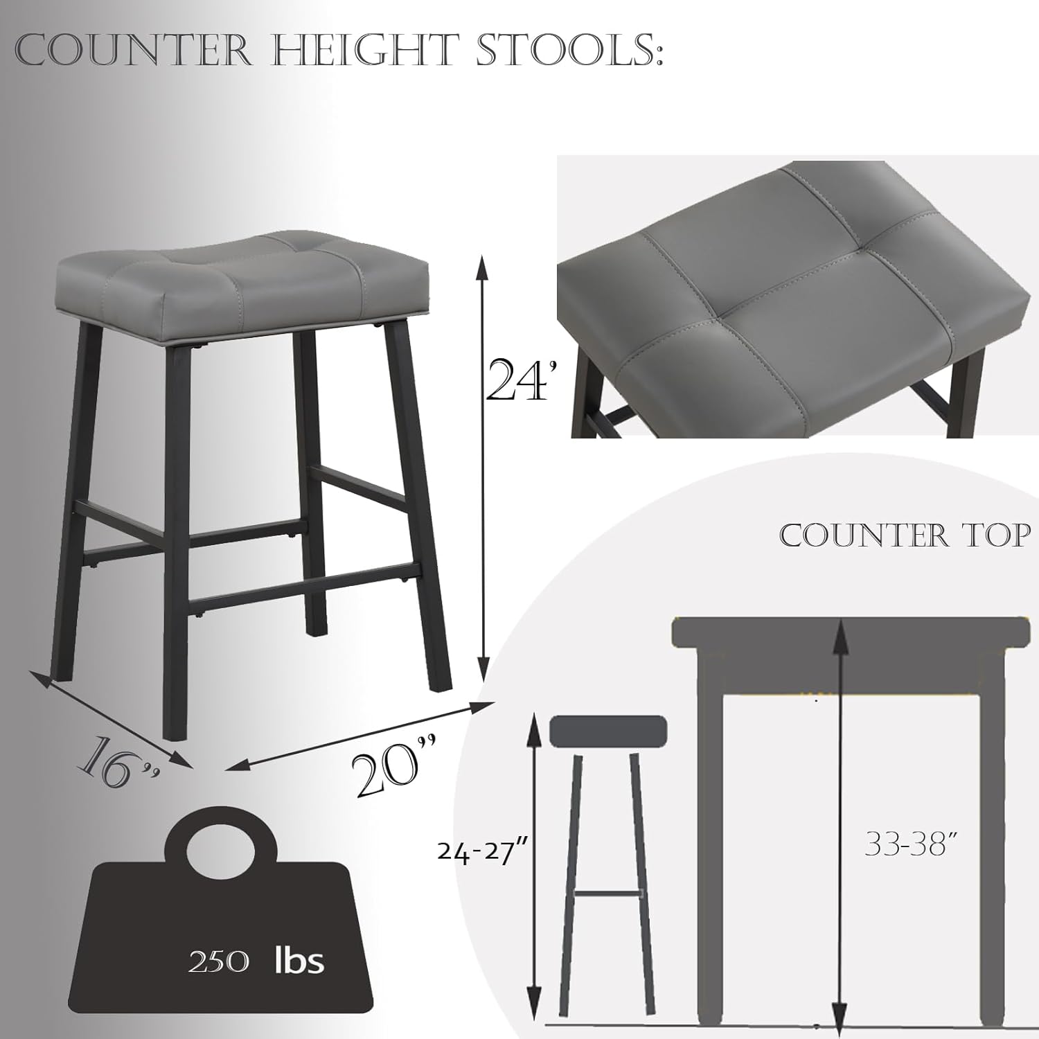 Taburetes de bar grises de 24 pulgadas, taburetes de altura de mostrador con asiento tapizado acolchado para desayuno, isla de cocina, bar en casa,