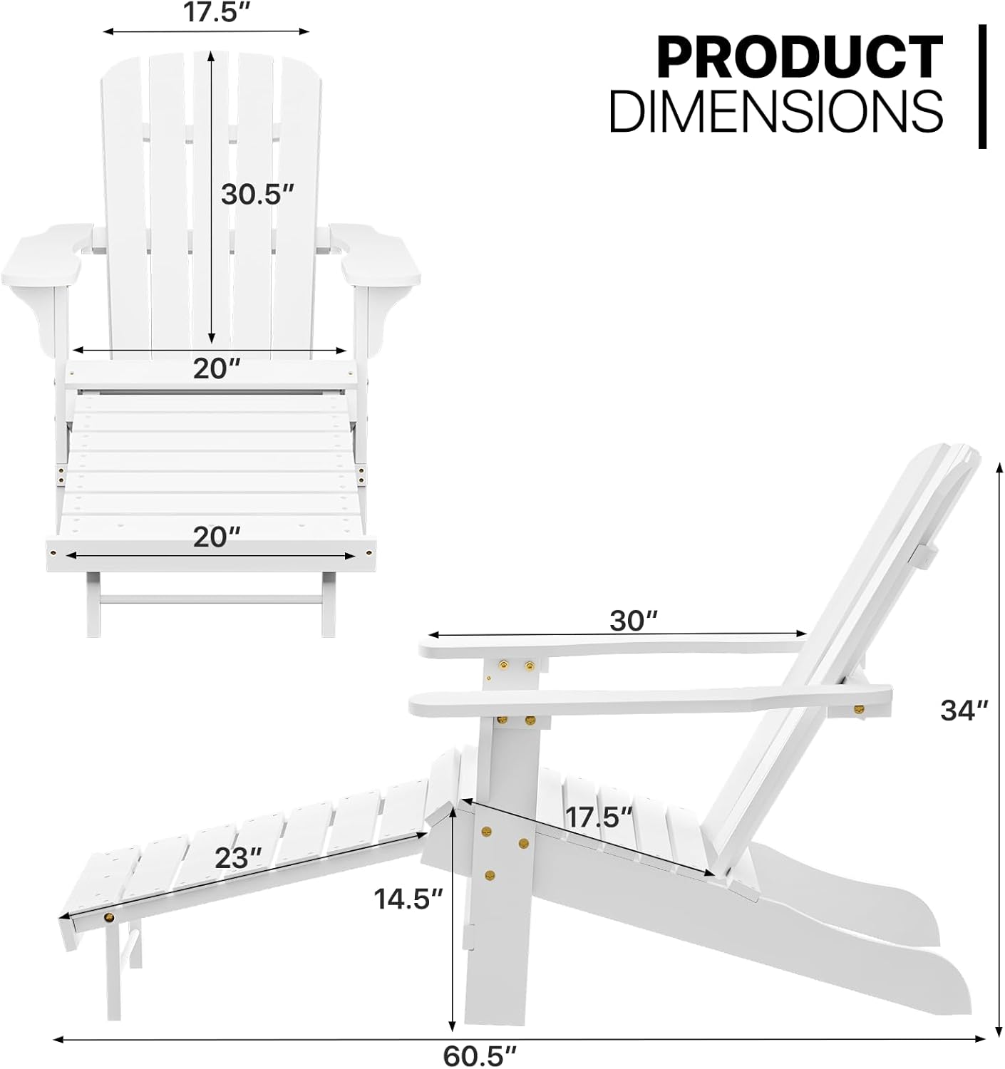 MoNiBloom Juego de 2 sillas Adirondack blancas con otomana retráctil, cómodas sillas de madera de abeto para todo tipo de clima, para patio trasero,