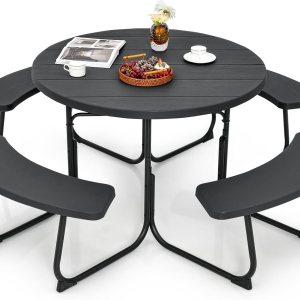 Tangkula Mesa de picnic para 8 personas, mesa de picnic redonda al aire libre con 4 bancos integrados, agujero para paraguas, marco de metal y mesa Tangkula Mesa de picnic para 8 personas, mesa de picnic redonda al aire libre con 4 bancos integrados, agujero para paraguas, marco de metal y mesa