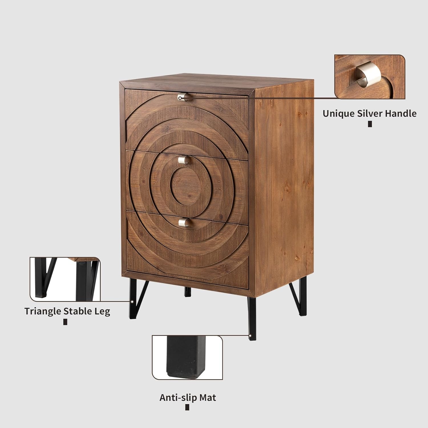 HOMPUS Mesa auxiliar de 3 cajones con acabado de grano de madera, para sala de estar y dormitorio