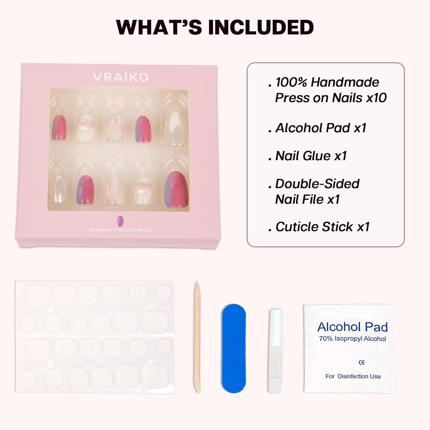 VRAIKO Uñas postizas a presión, color lago coral, hechas a mano, cortas, redondas, diseño artístico, acabado UV, acrílico grueso y uñas postizas de