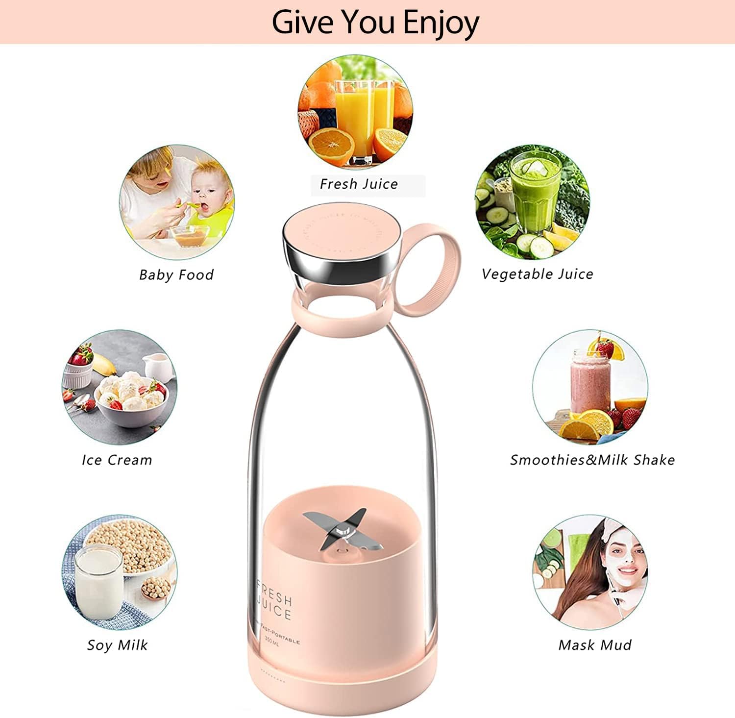 Licuadora portátil, licuadora de tamaño personal, licuadora USB alimentada por batería, con cuatro cuchillas, mini botella de viaje para jugos,
