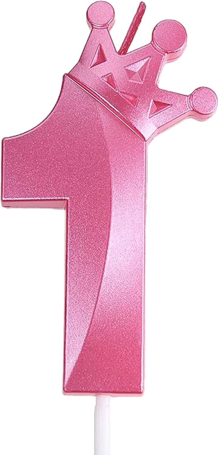 Vela rosa de cumpleaños número 1, decoración temática rosa para fiesta de primer cumpleaños, velas de número 3D diseñadas con corona para decoración