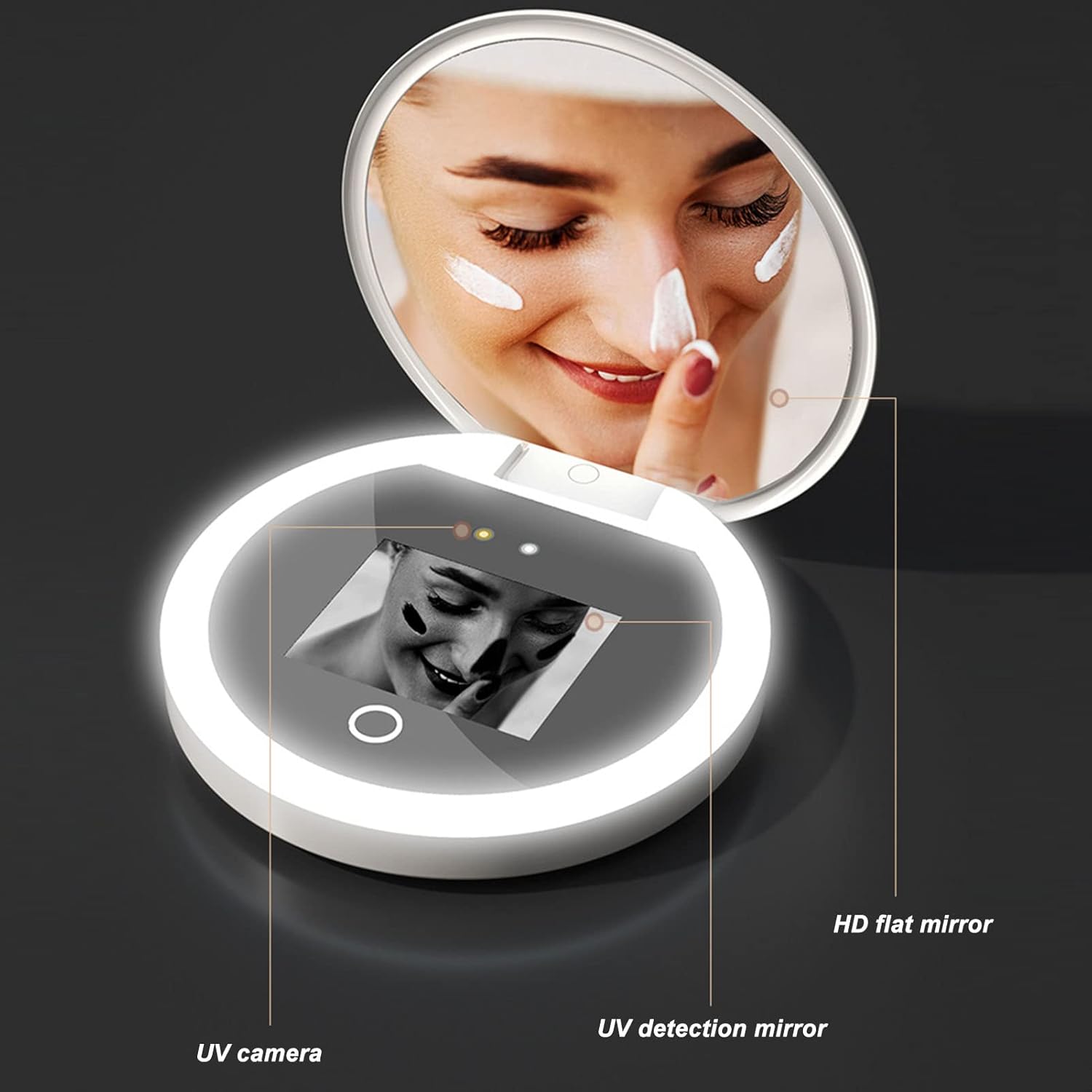 Espejo compacto de viaje con cámara de prueba de protección solar UV, espejo iluminado de bolsillo de 3.5 pulgadas de aumento 2X, espejo de