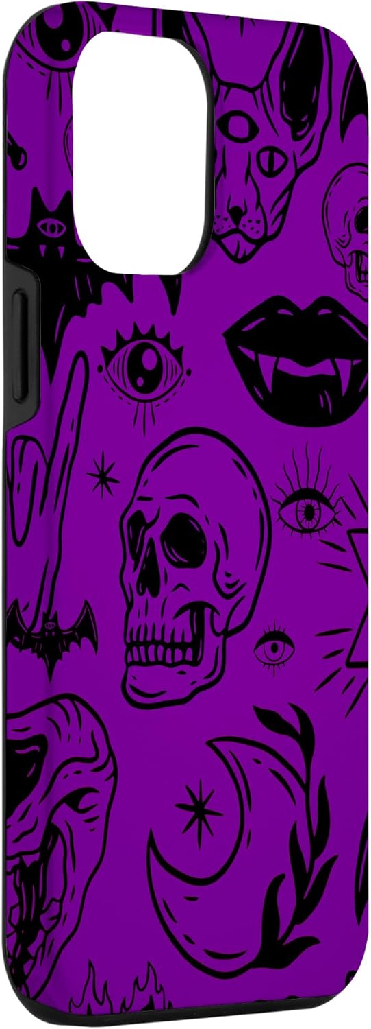 Funda púrpura para iPhone 14 Plus Halloween Skull Sphinx Cat