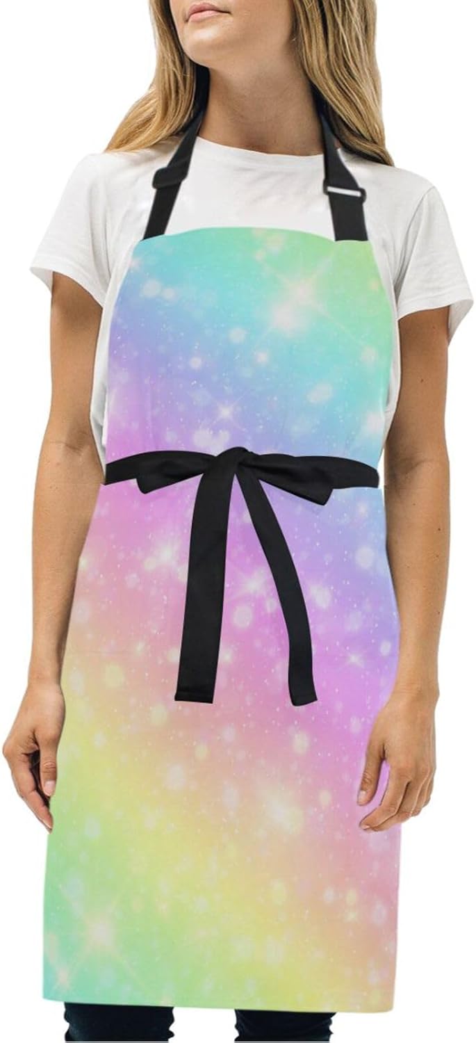 RPLIFE Delantal de cocina para mujer, diseño de arco iris con purpurina y bolsillos, delantal de chef impermeable, delantal de peluquería