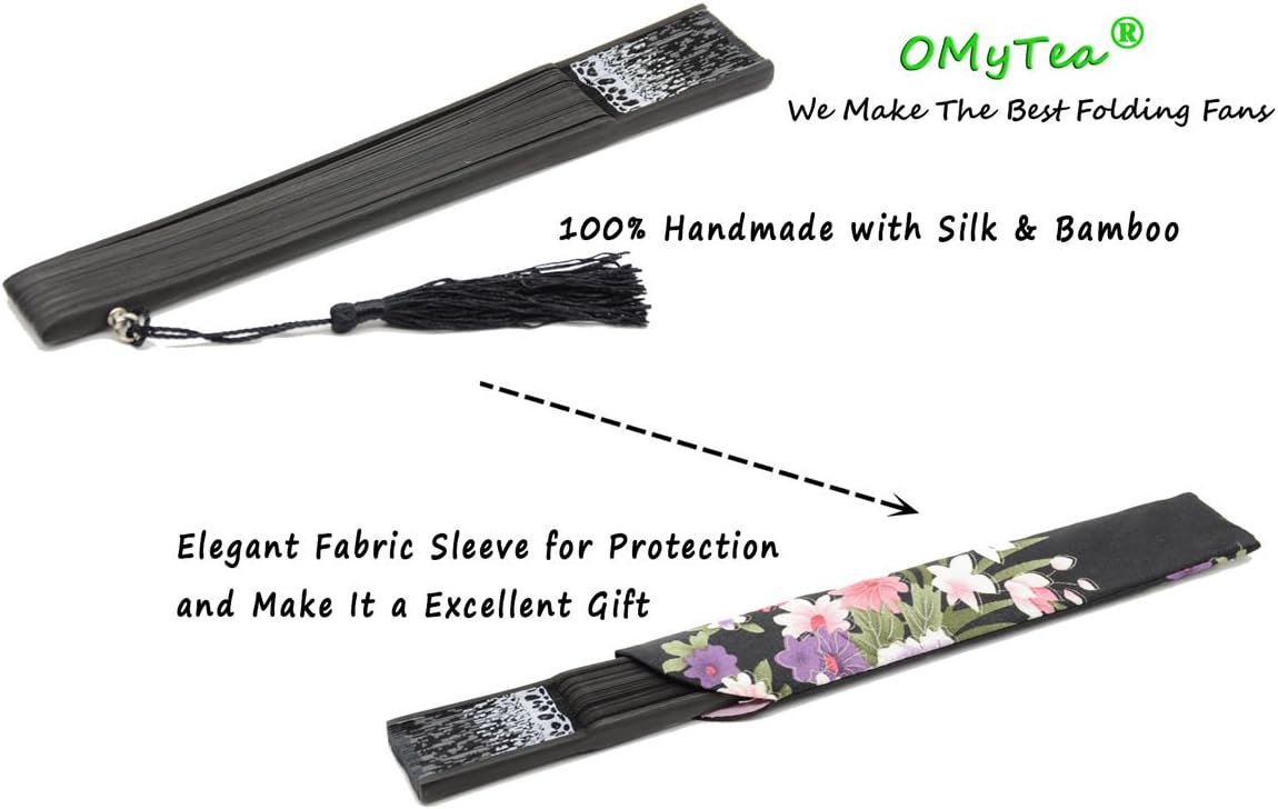 OMyTea Abanico plegable de bambú para mujer, ventilador de mano con patrón de encaje chino, japonés, español, para boda, decoración, actuación,