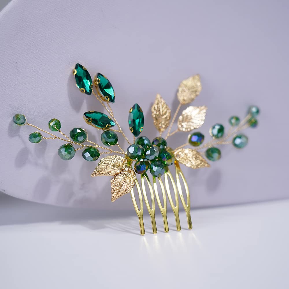 Teyglen Peines de pelo dorados para boda, con diamantes de imitación de flores verdes, peine lateral de cristal, vintage, hojas de cristal,