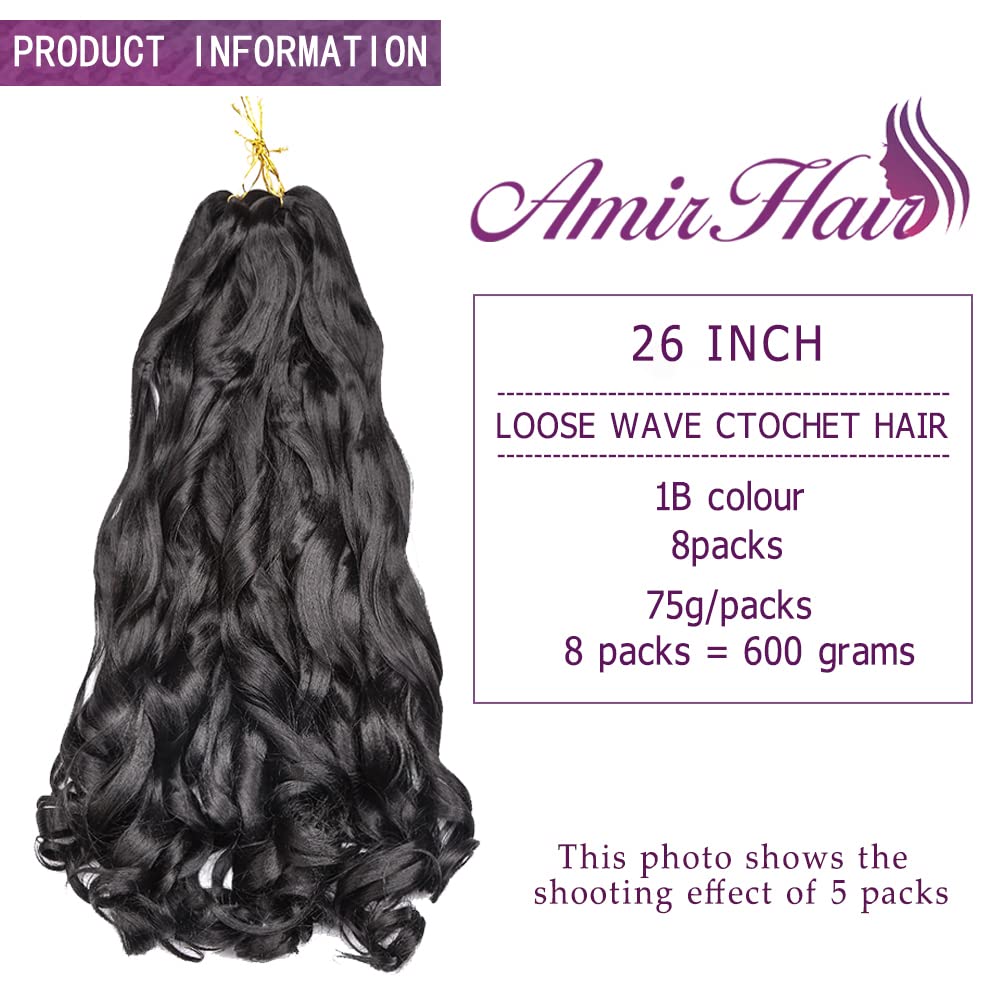Amir Hair 8 paquetes de extensiones de cabello sintético rizado francés de 26 pulgadas, preestiradas (1b#)