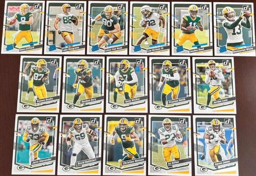 Green Bay Packers 2023 Donruss Factory Sealed HUGE 16 Card Team Set with Jordan Love Plus 6 Rated Rookie Cards including Jayden Reed and Luke