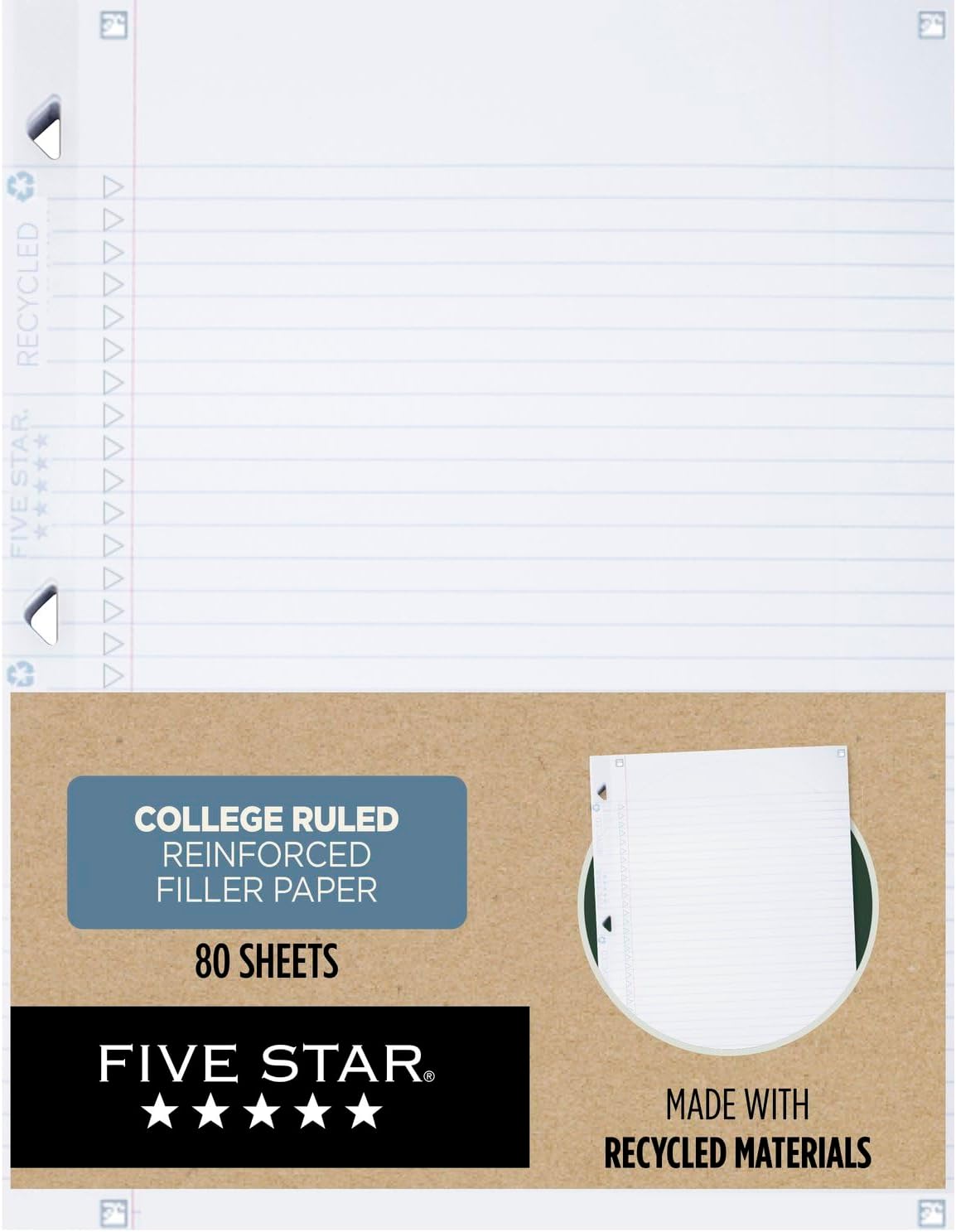 Five Star Loose Leaf Paper Plus Study App, papel para cuaderno, papel de relleno con rayas universitarias, reforzado, reciclado, 8.5 x 11, 80 hojas