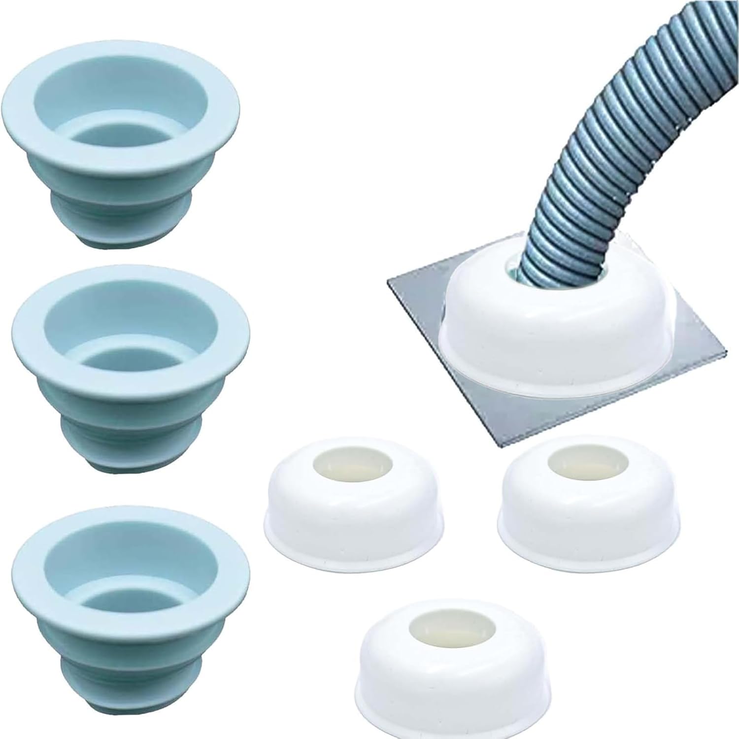 Paquete de 3 anillos de sello de tubo de drenaje (azul) + 3 piezas de cubiertas decorativas (blanca), manguera de drenaje desodorante de silicona