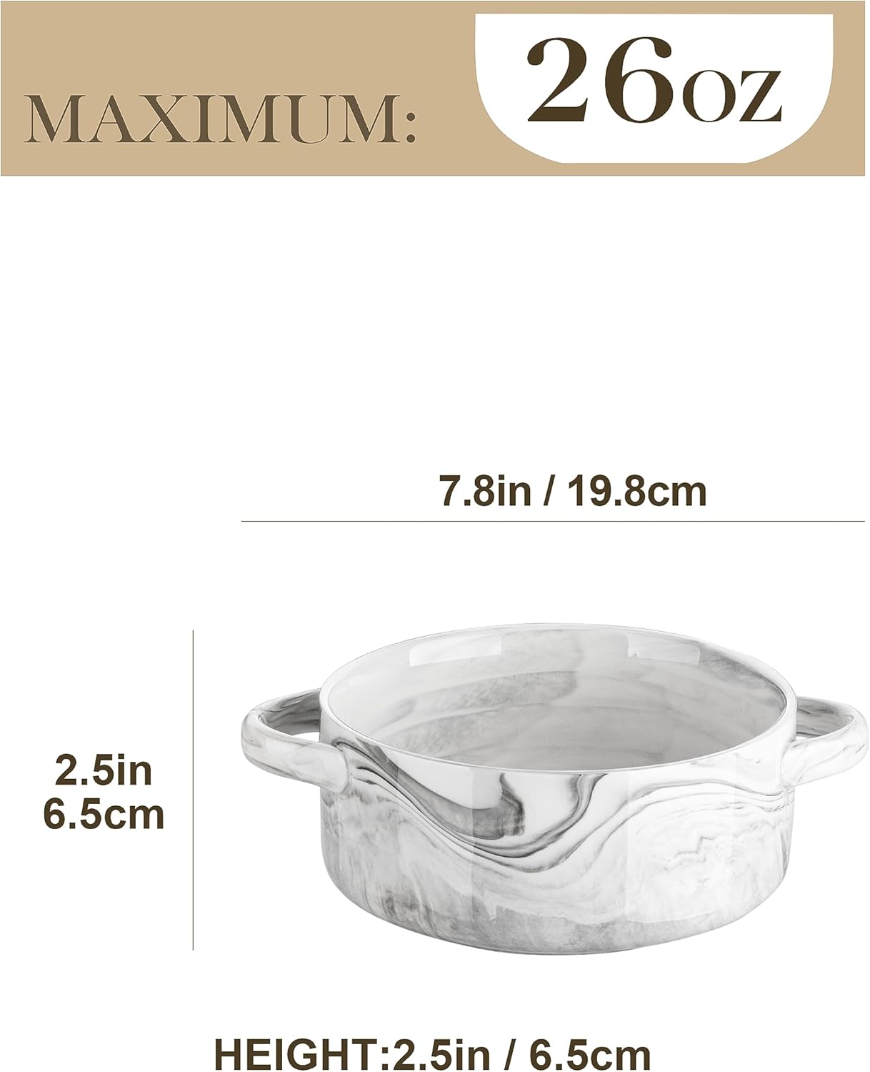 MALACASA Tazones de sopa de cebolla francesa, cuencos grandes de cerámica de 26 onzas con asas, juego de 4 tazones de sopa para servir para