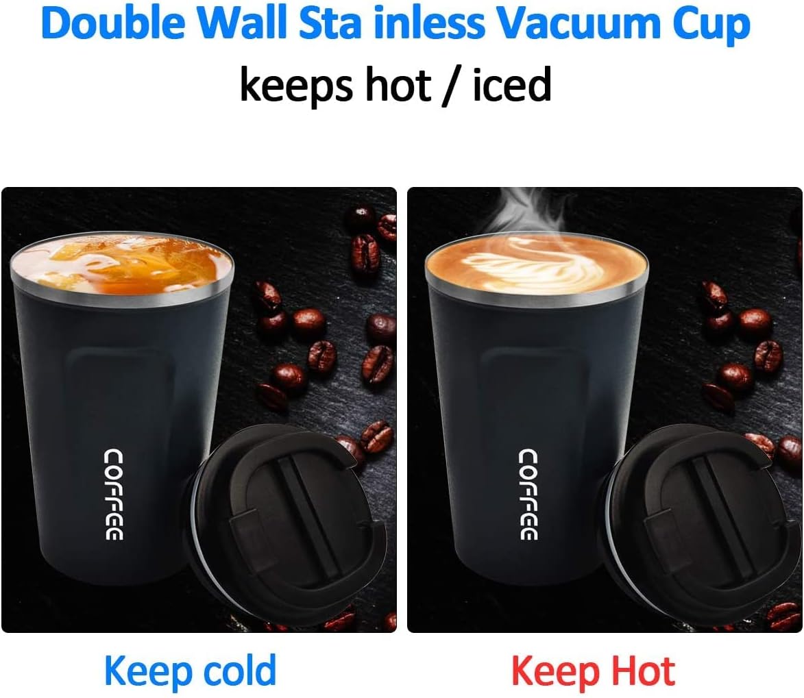 Taza de café de 12 onzas  Taza de café de viaje aislada a prueba de derrames con tapa a prueba de fugas de acero inoxidable al vacío, vasos de café