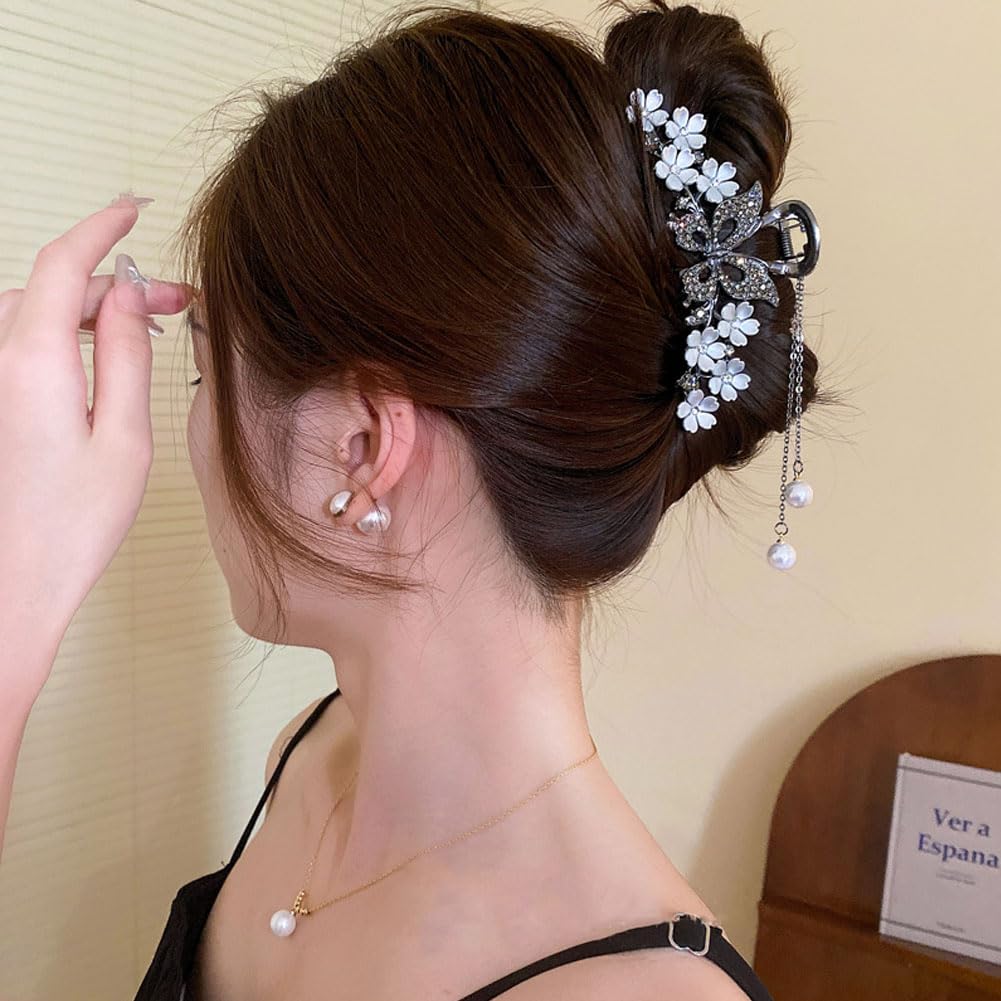 2 pinzas grandes de metal para el cabello, con diseño de mariposa y flores, borlas de flores, pinzas gruesas y largas para el cabello, pasadores,