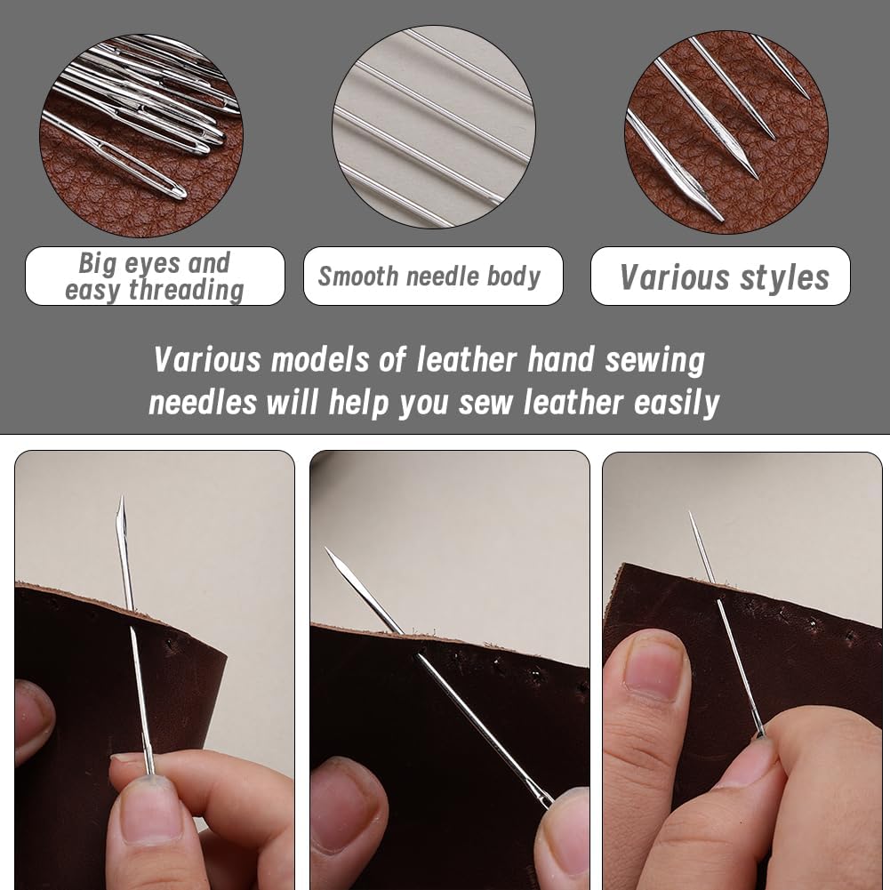 TLKKUE Kit de hilo encerado para tapicería de cuero, 273 yardas, aguja de coser recta, punzón recto, kit de costura de cuerda de cera resistente