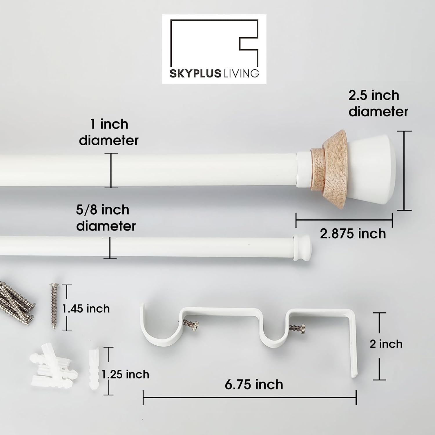Juego de cortinero doble blanco de estilo nórdico con remates decorativos, 72-144 pulgadas, barra de cortina doble estándar para 1 paquete, 1