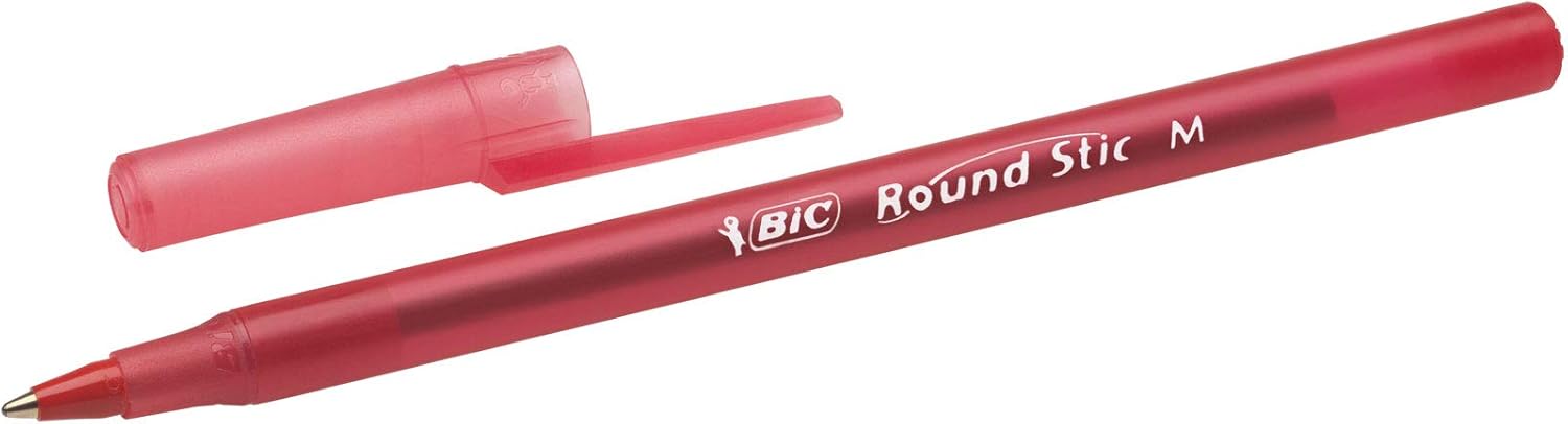 BIC Round Stic Xtra Life – Bolígrafos de punta media (0.039 pulgadas), rojo, paquete de 12 unidades, bolígrafos para suministros de oficina