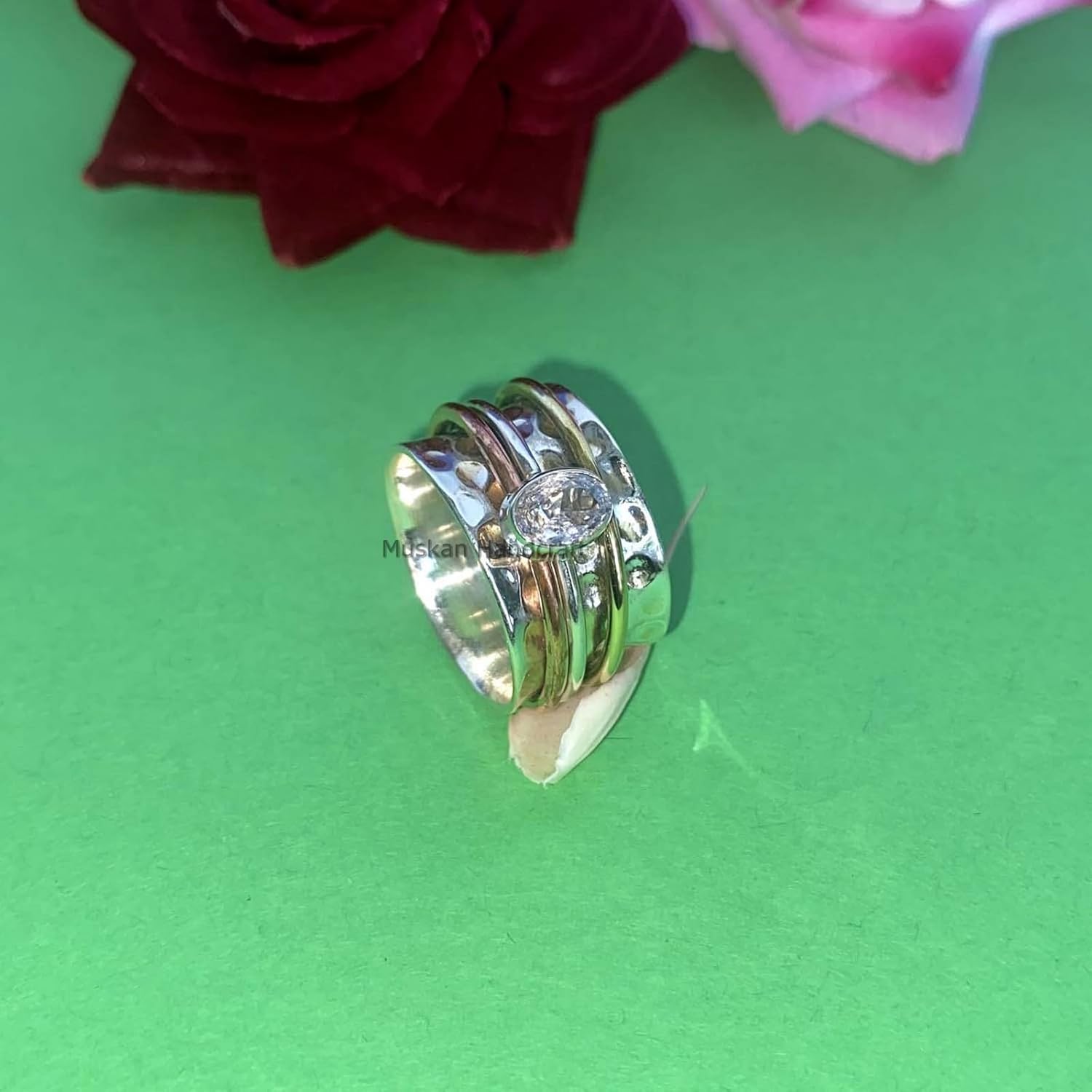 Handmade 925 Sterling Silver Spinner RingHammered Spin Ring  3 Tone Spinning RingBoho Band RingParty Wear Ring For Women (cubic-zirconia)