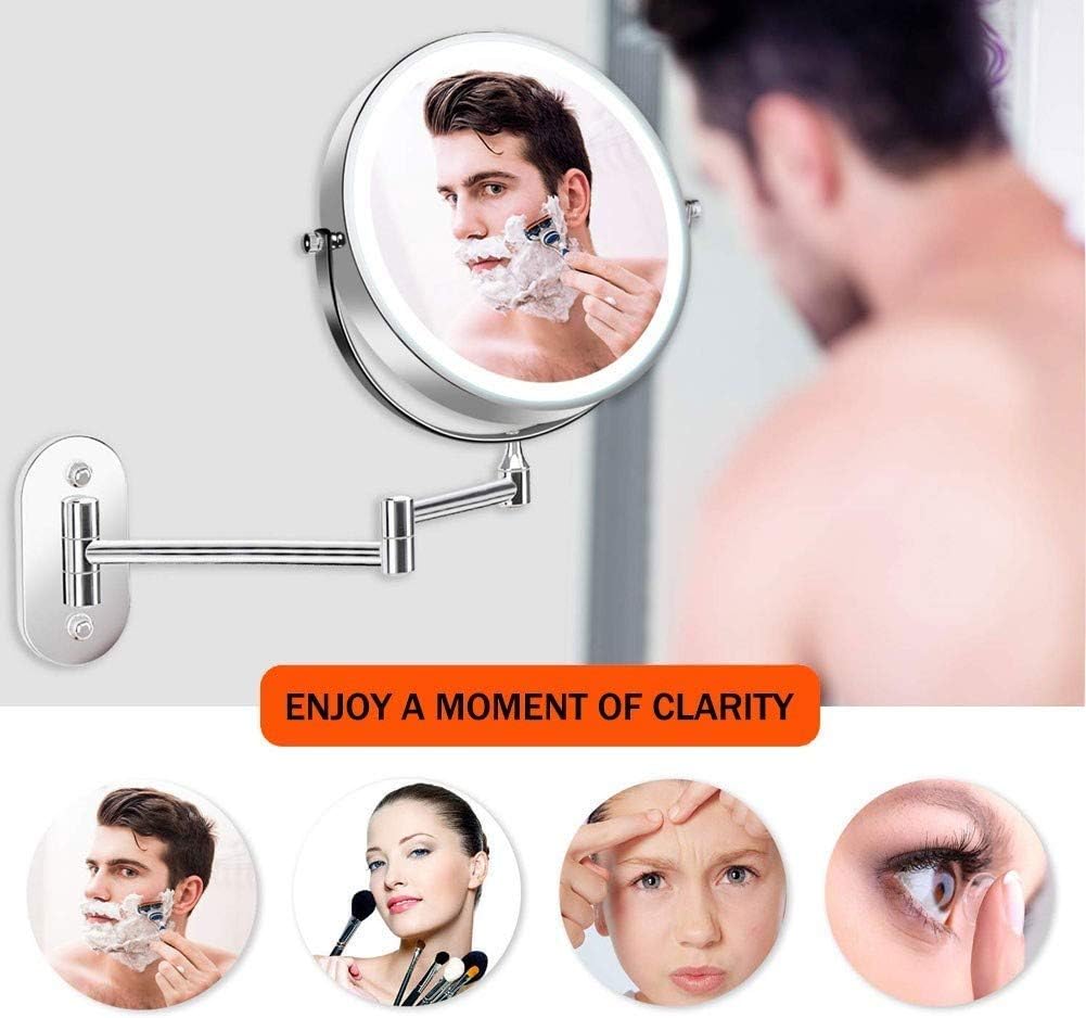 RomildaYuan 8 inches Wall Mounted Makeup Mirror LED Touch Screen Adjustable Light Double Sided 1X10X Magnifying Vanity Mirror Swivel Extendable