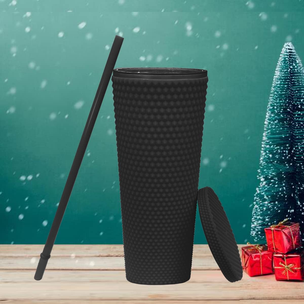 Vaso con tachuelas de 24 onzas. Vaso con tachuelas negras mate con tapa y pajita. Vaso de viaje reutilizable con aislamiento de doble pared. Vaso de