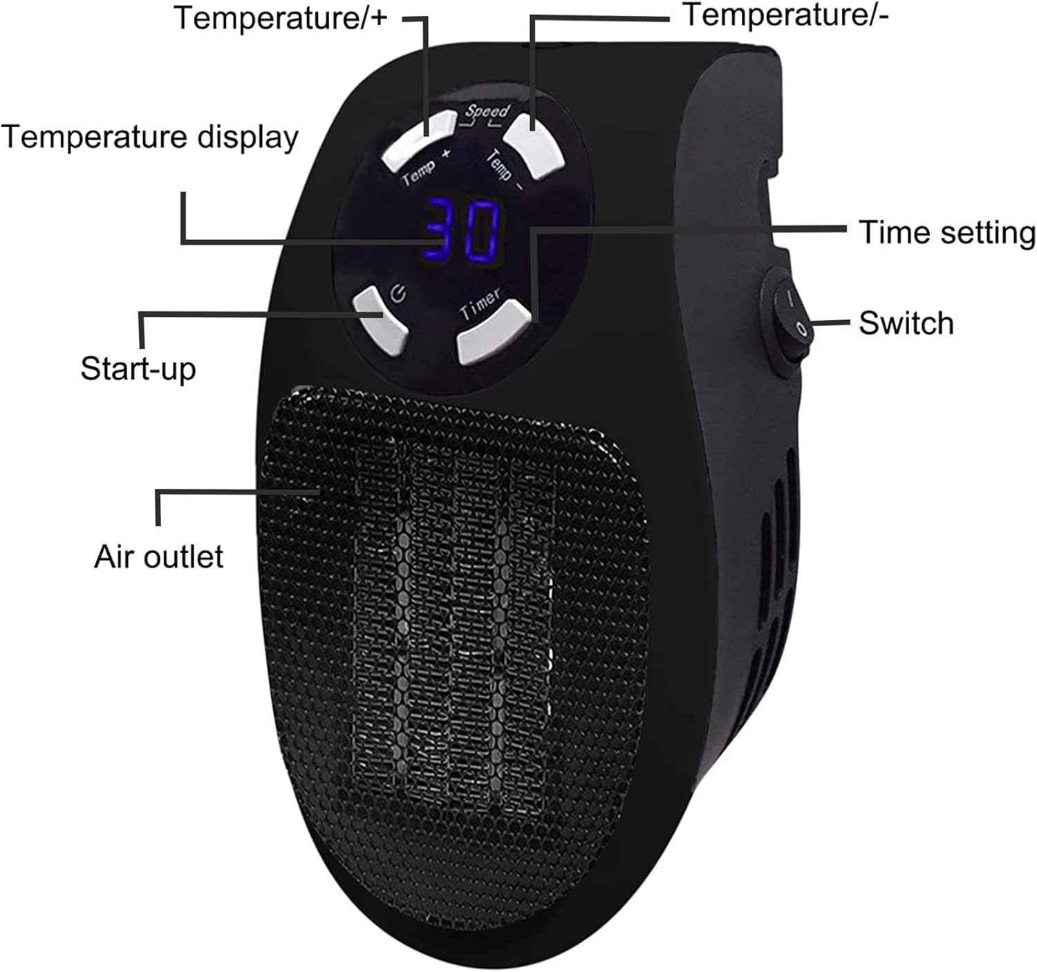 Calentador eléctrico inteligente de 500 W con termostato y temporizador ajustables, protección contra sobrecalentamiento, pantalla LED,