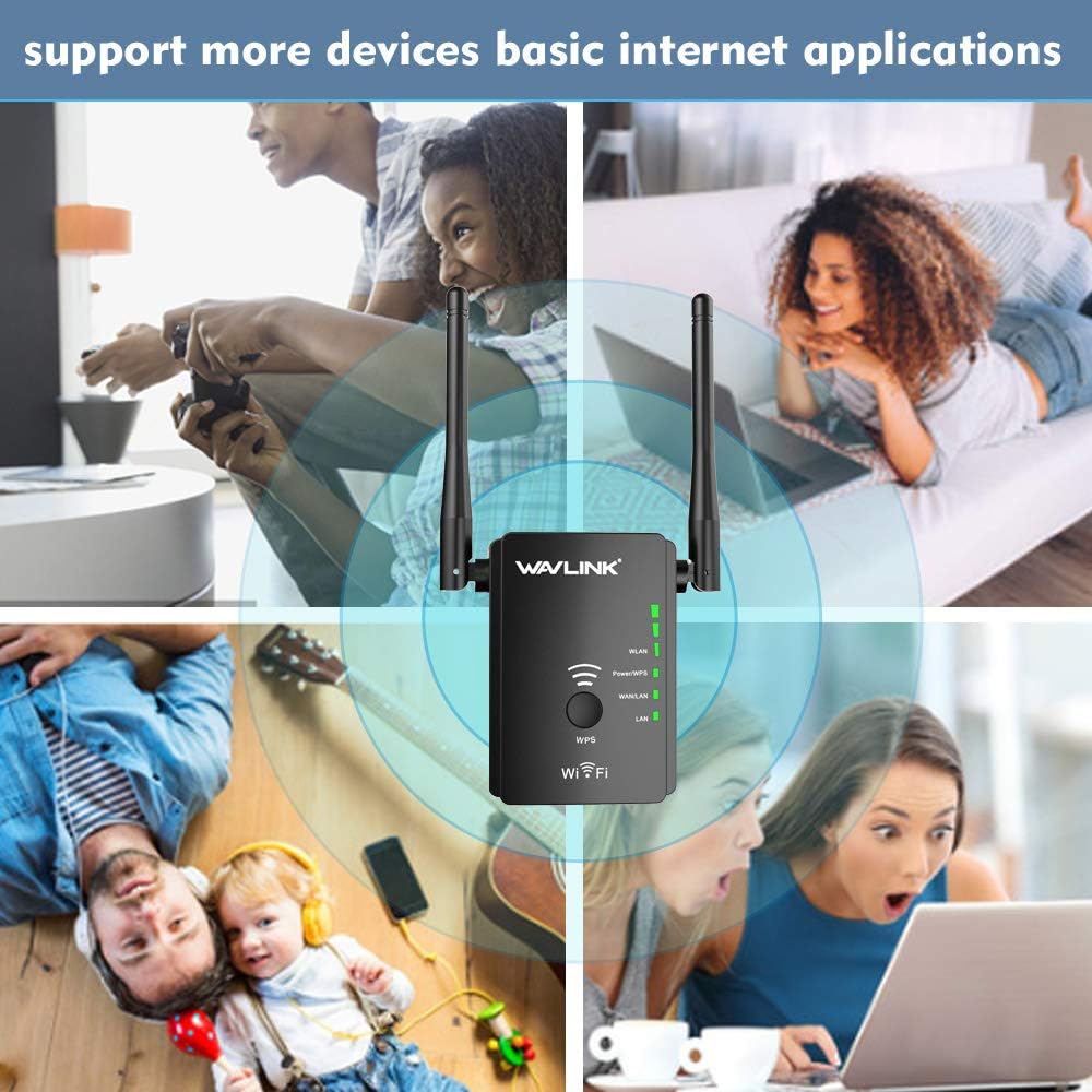 WAVLINK Extensor WiFi, extensor de alcance WiFi N300 para el hogar, banda de 2.4 GHz con puerto Ethernet doble, antena externa y botón WPS, enchufe