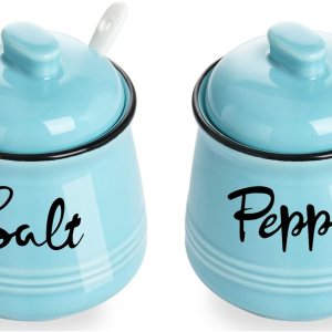 HAOTOP Juego de cuencos de cerámica para sal y pimienta de granja de 12 onzas con tapa y cucharas, fáciles de limpiar (turquesa) HAOTOP Juego de cuencos de cerámica para sal y pimienta de granja de 12 onzas con tapa y cucharas, fáciles de limpiar (turquesa)