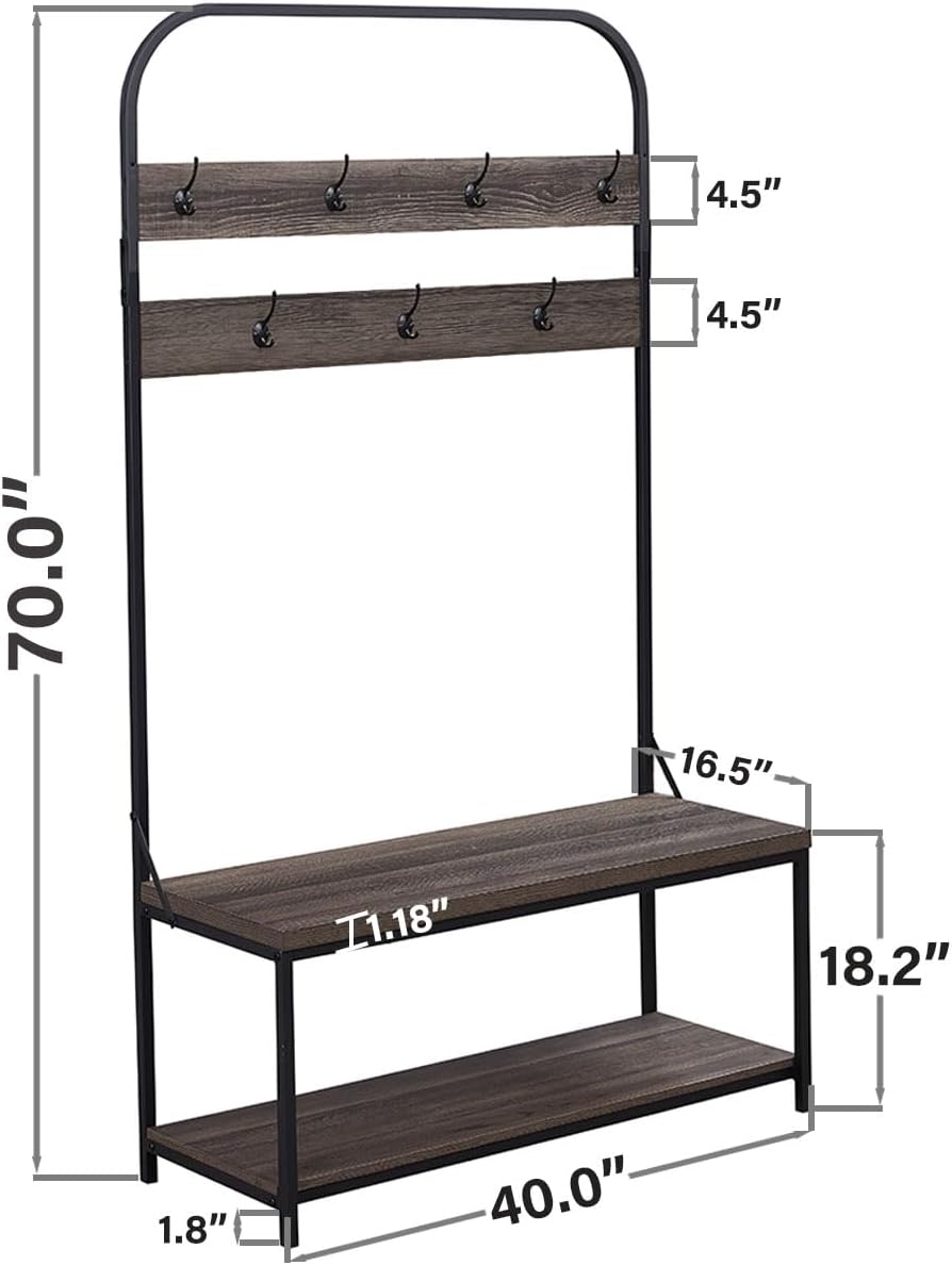 IBF Perchero con banco de zapatos, árbol de pasillo 3 en 1 con banco de almacenamiento para entrada, árbol industrial de metal y madera con estante