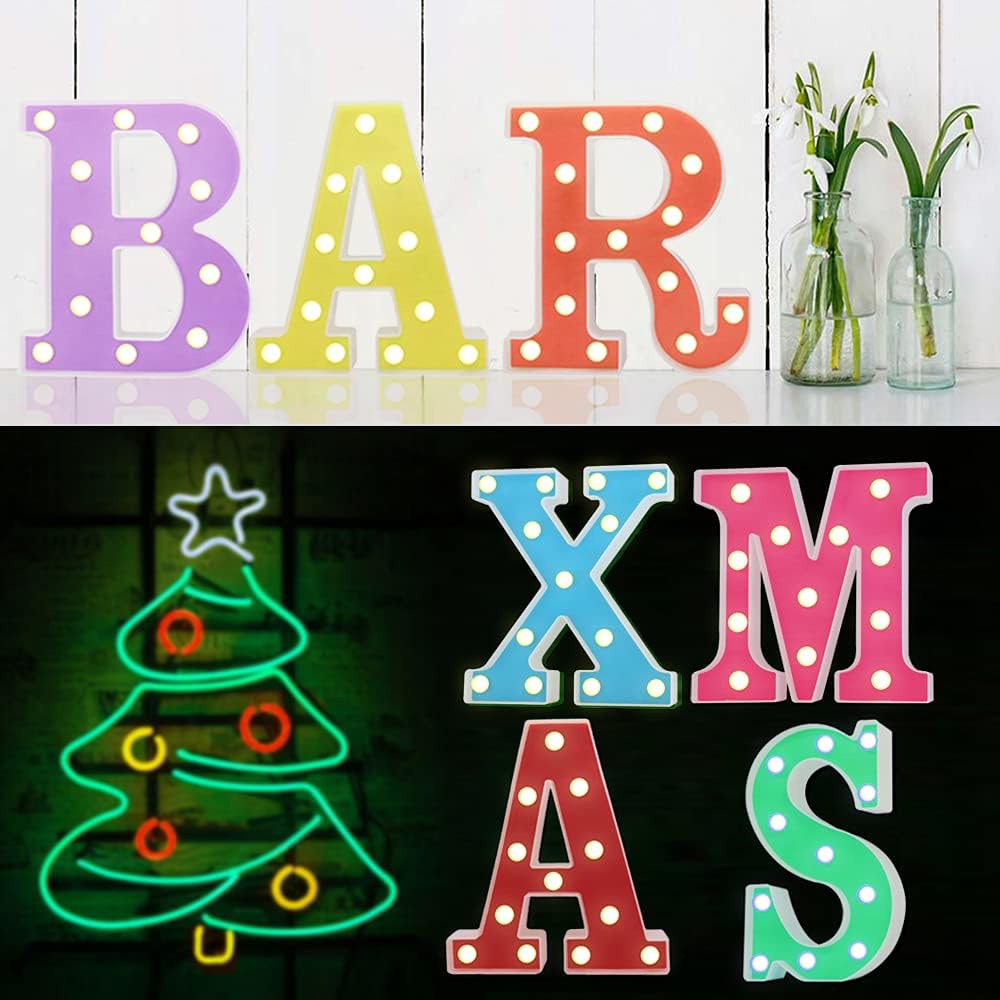 Pooqla Letras con luces LED, letrero alfabético iluminado, luz de noche de marquesina colorida con LED blanco cálido, decoración de bares, bodas,