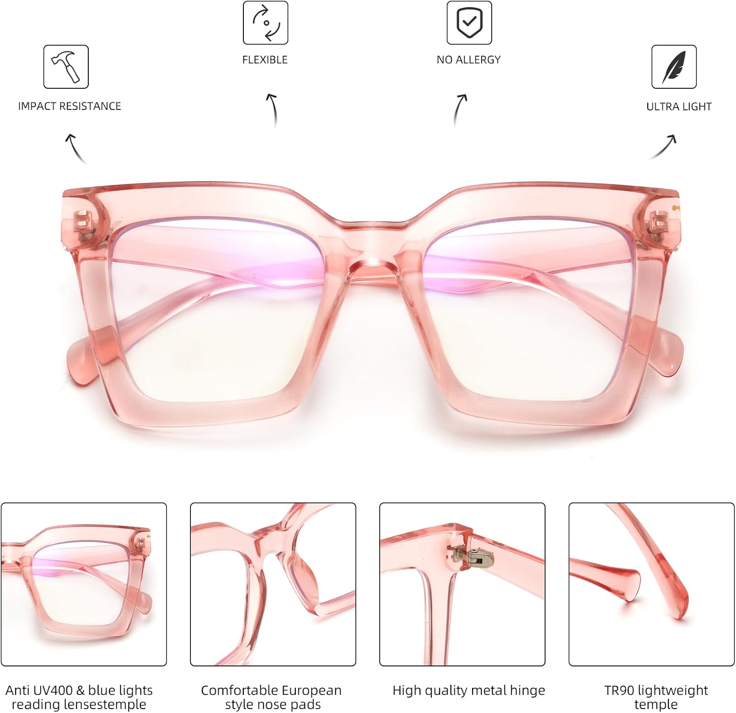 HGIOOIGH Elegantes anteojos de lectura cuadrados de gran tamaño para mujer, bloqueo de luz azul, a la moda, lindos lectores de computadora, estilo