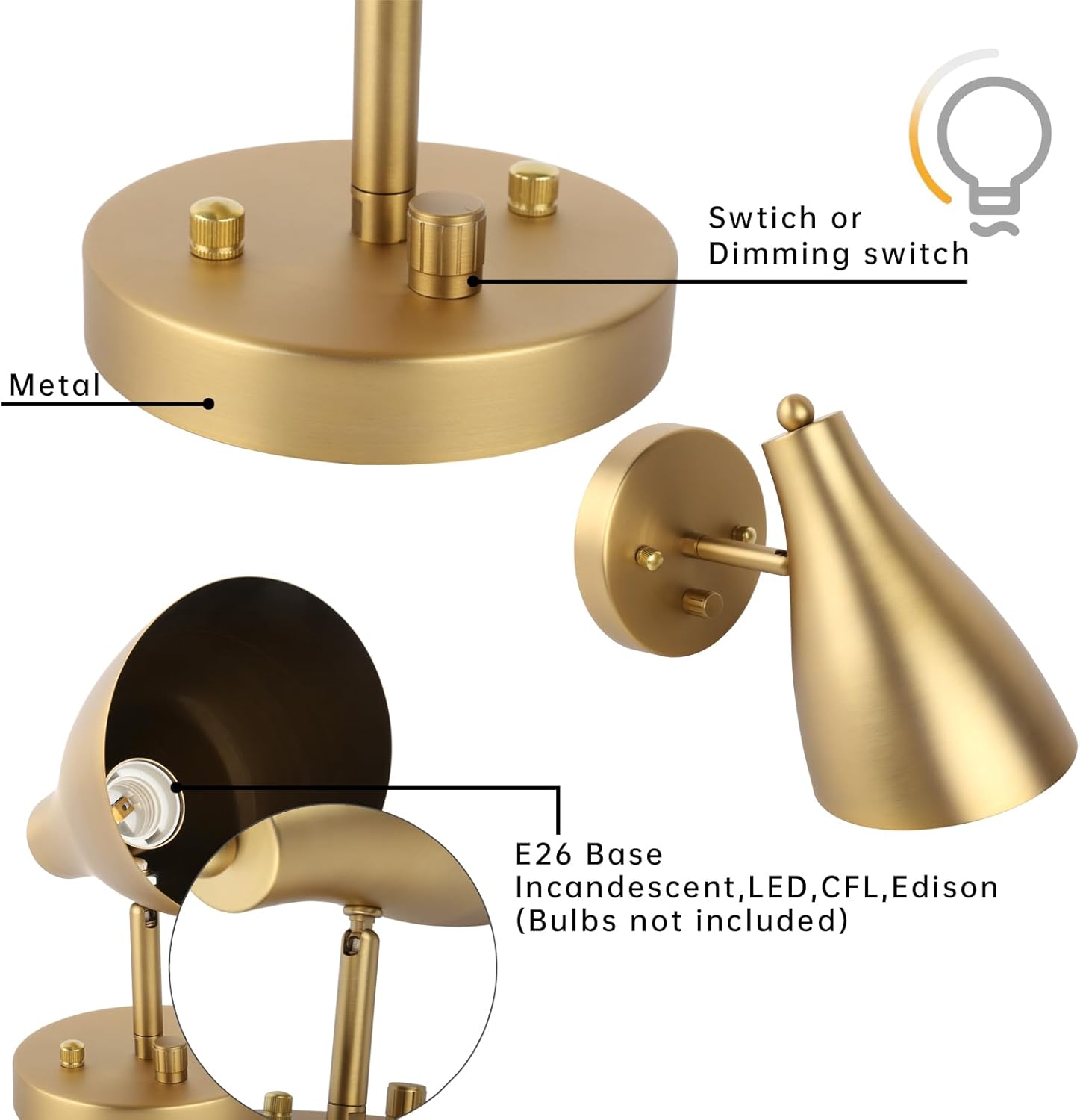 Pathson Iluminación de pared ajustable con interruptor de atenuación, iluminación vintage de pared de noche con acabado de latón, lámpara de pared