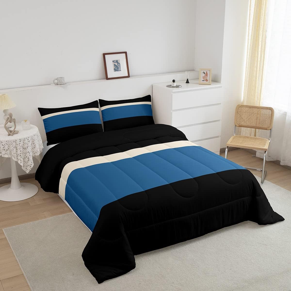 Erosebridal Juego de edredón a rayas negras y azules para niños, tamaño individual, juego de ropa de cama de rayas de retazos azul marino para