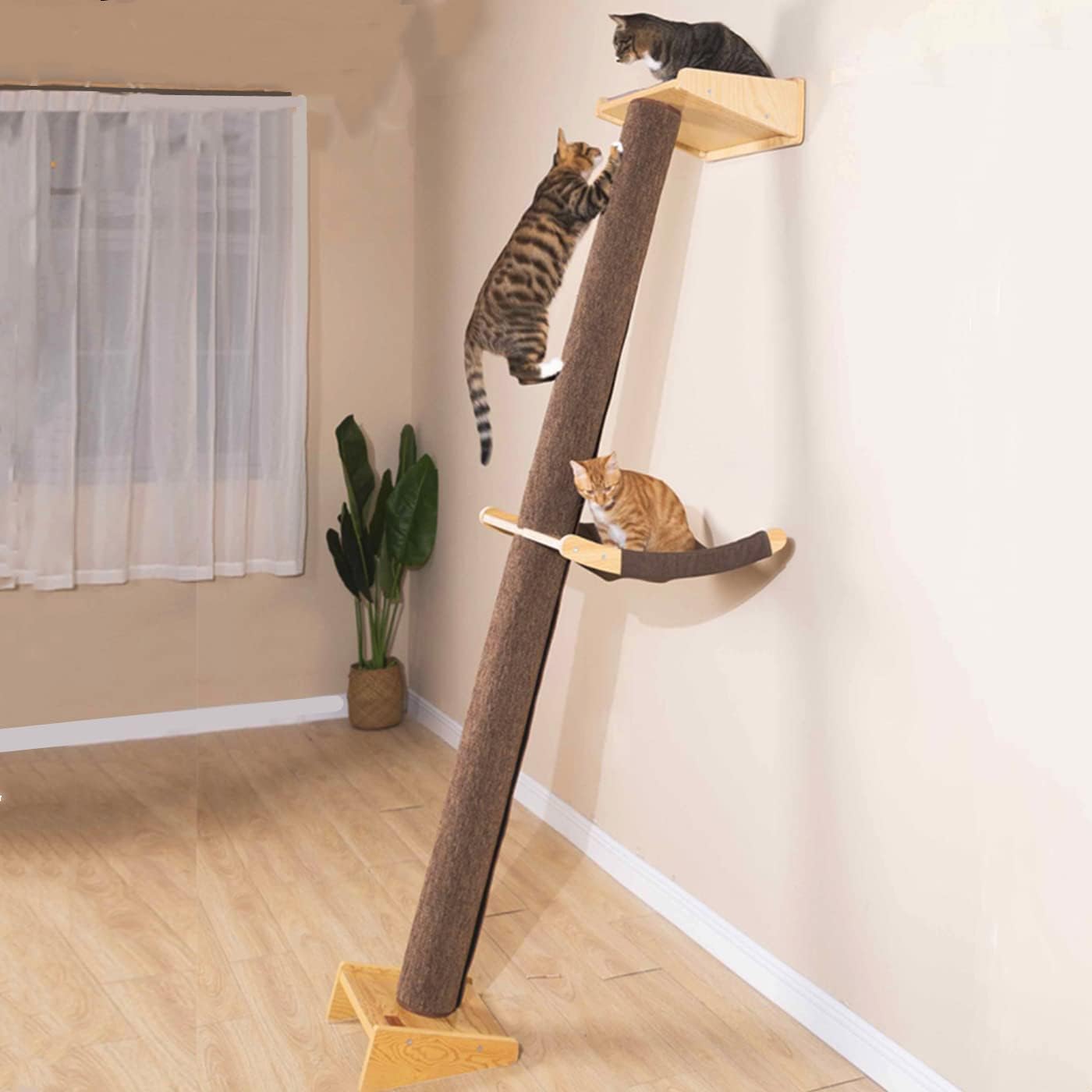Alfombra moderna de pared inclinada de 78.7 pulgadas de alto, torre de árbol para gatos, pilar rascador con cama para gatos, hamaca perca, poste de