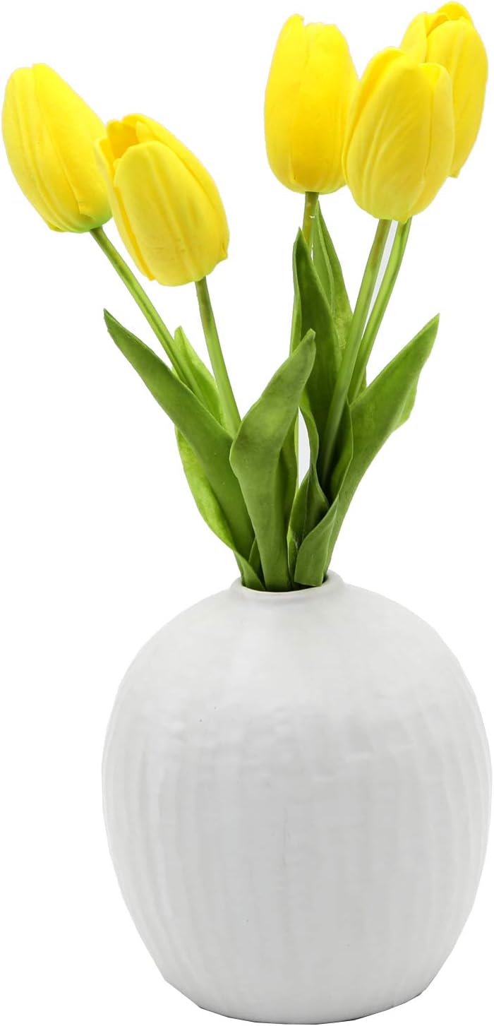 Flora Bunda Artificial Flowers Real Touch Yellow Tulips in 5 in H Ceramic Vase, 11.25 in H include. Matte White Vase, Potted Fake Tulips for Wedding