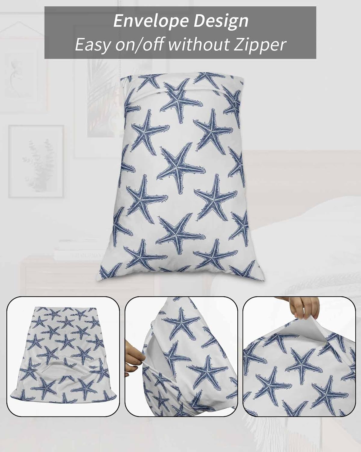 Juego de 2 fundas de almohada tamaño King con estrellas de mar de playa azul marino, fundas de almohada de microfibra para cama, fundas de almohada