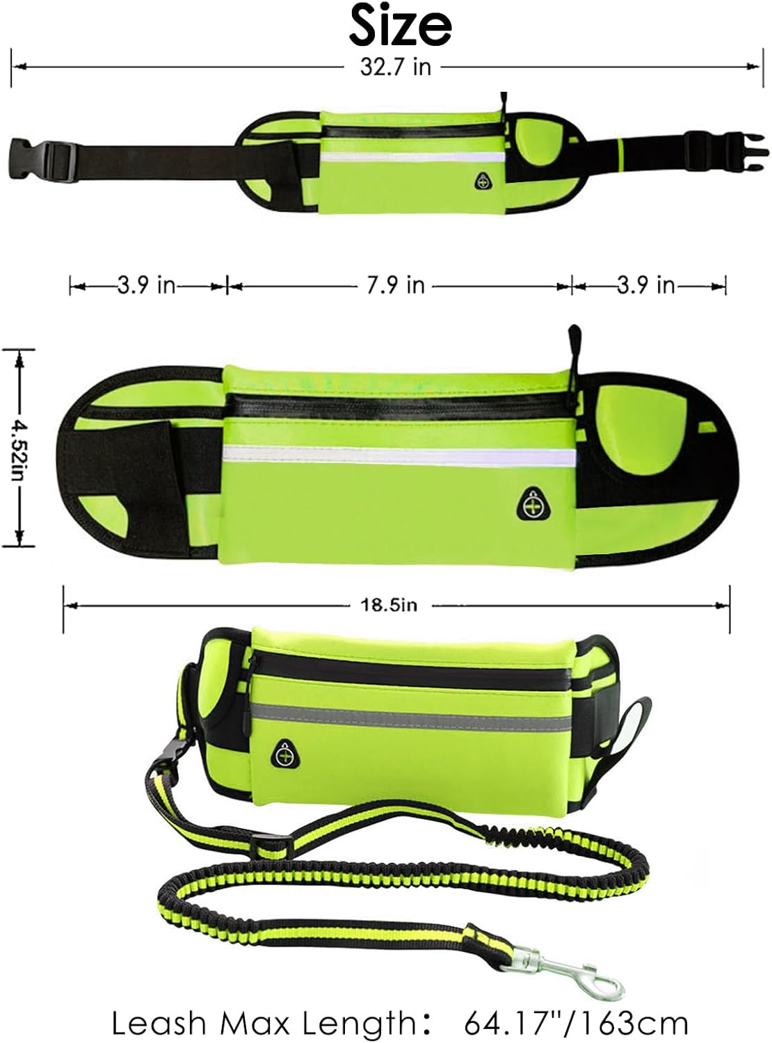 Correa de perro manos libres, correa verde manos libres para perros pequeños y grandes con bolsa impermeable con cremallera, cinturón reflectante