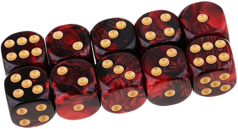 10 dados poliédricos D6 de 0.632 pulgadas de acrílico para juegos de mesa RPG MTG DND (rojo negro)