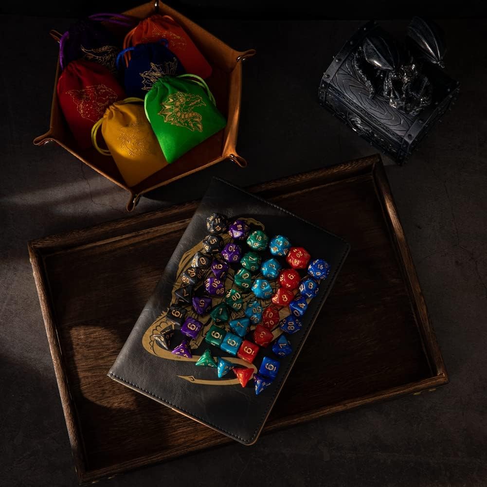 6 juegos de dados poliédricos DND Dungeons and Dragons Rolling Dice para juegos de mesa RPG MTG, dados a granel con seis bolsas con cordón y bandeja