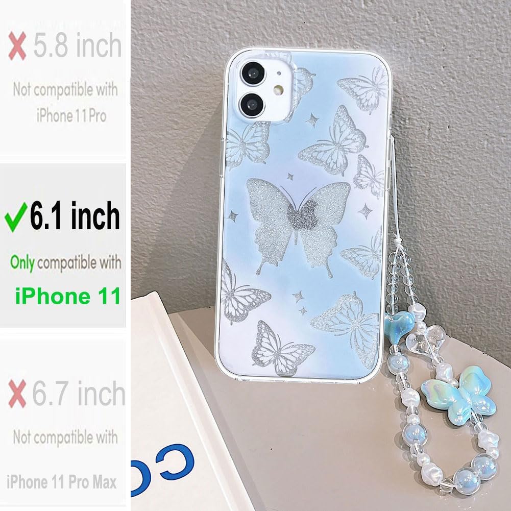 Abbery Funda diseñada para iPhone 11, con brillantina, bonita transparente, con diseño de mariposa con correa para la muñeca, brillante, morado y