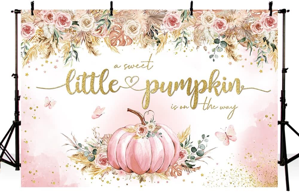 MEHOFOND Telón de fondo bohemio de calabaza de otoño de 7 x 5 pies para niñas, diseño floral rosa con texto en inglés “A Sweet Little Pumpkin Is On