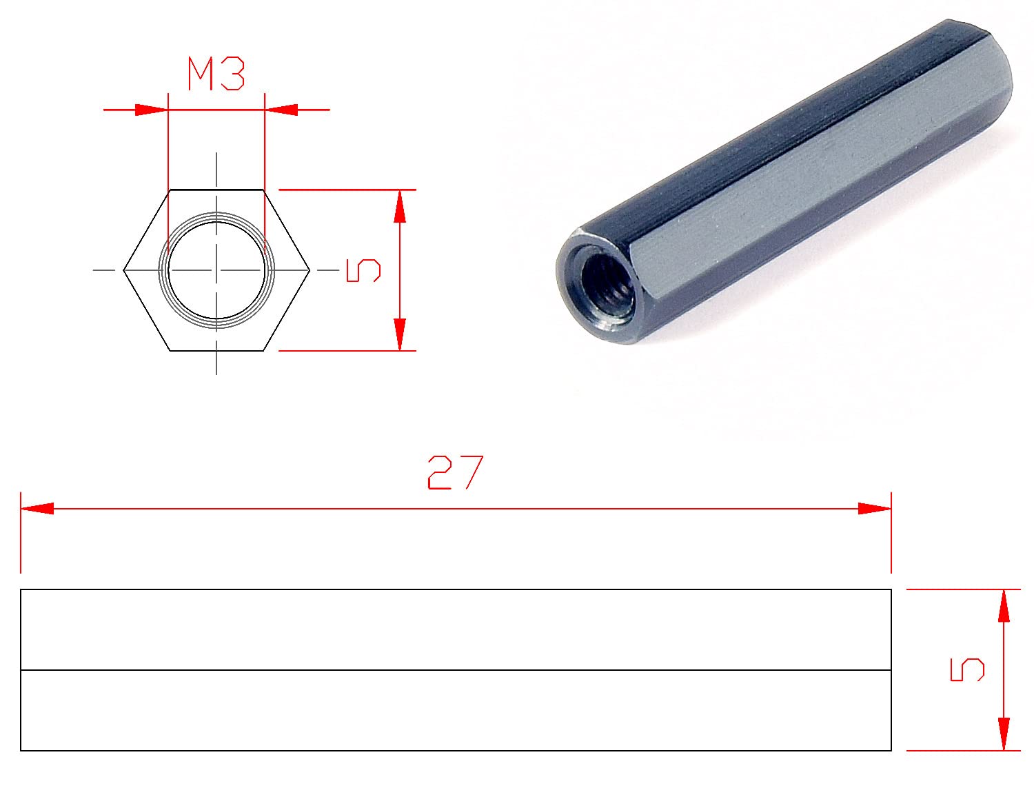 12 piezas M3 x 1.063in hexagonal de aluminio separador de longitud de columna de 1.063in, 0.394-1.378in disponible para drones de carreras FPV
