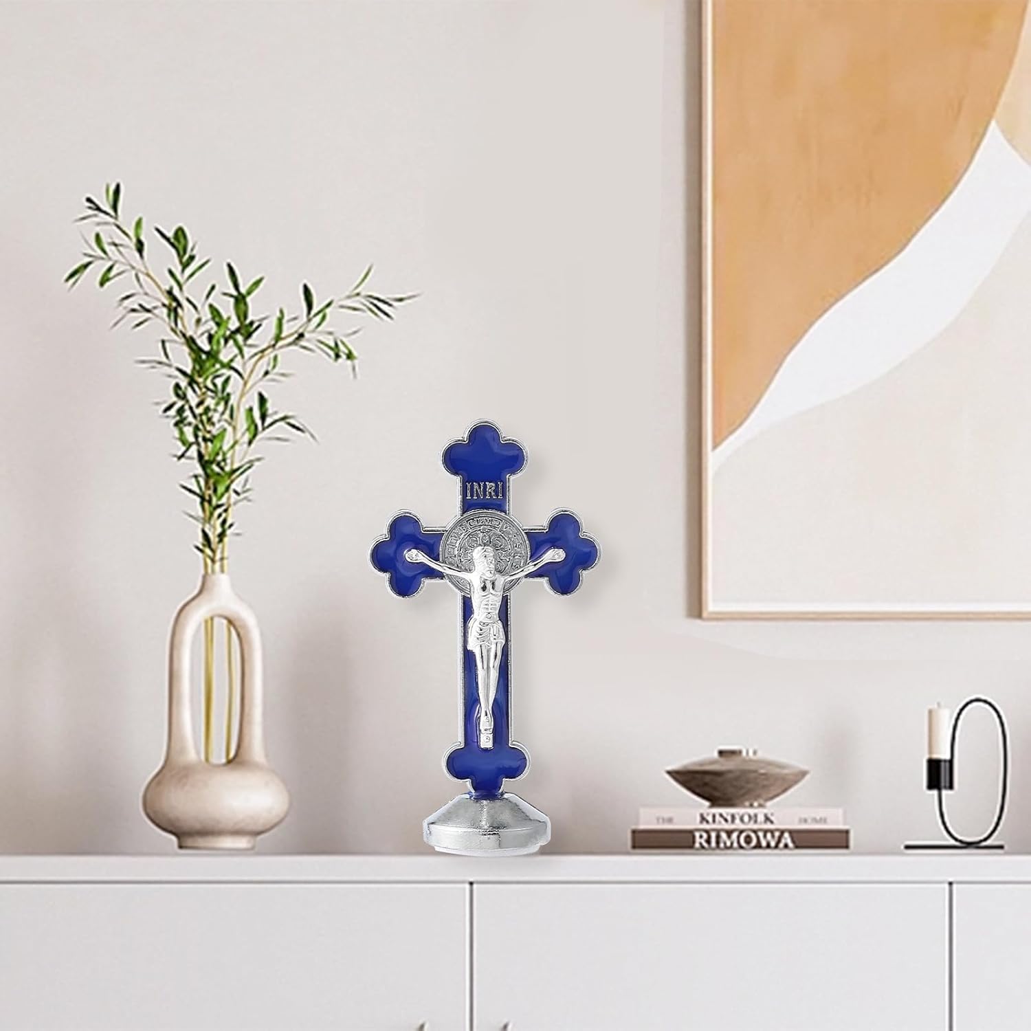 VINETEN Crucifijo de pared  Crucifijo de metal azul con bendiciones y regalos para decoración de cruz colgante del hogar