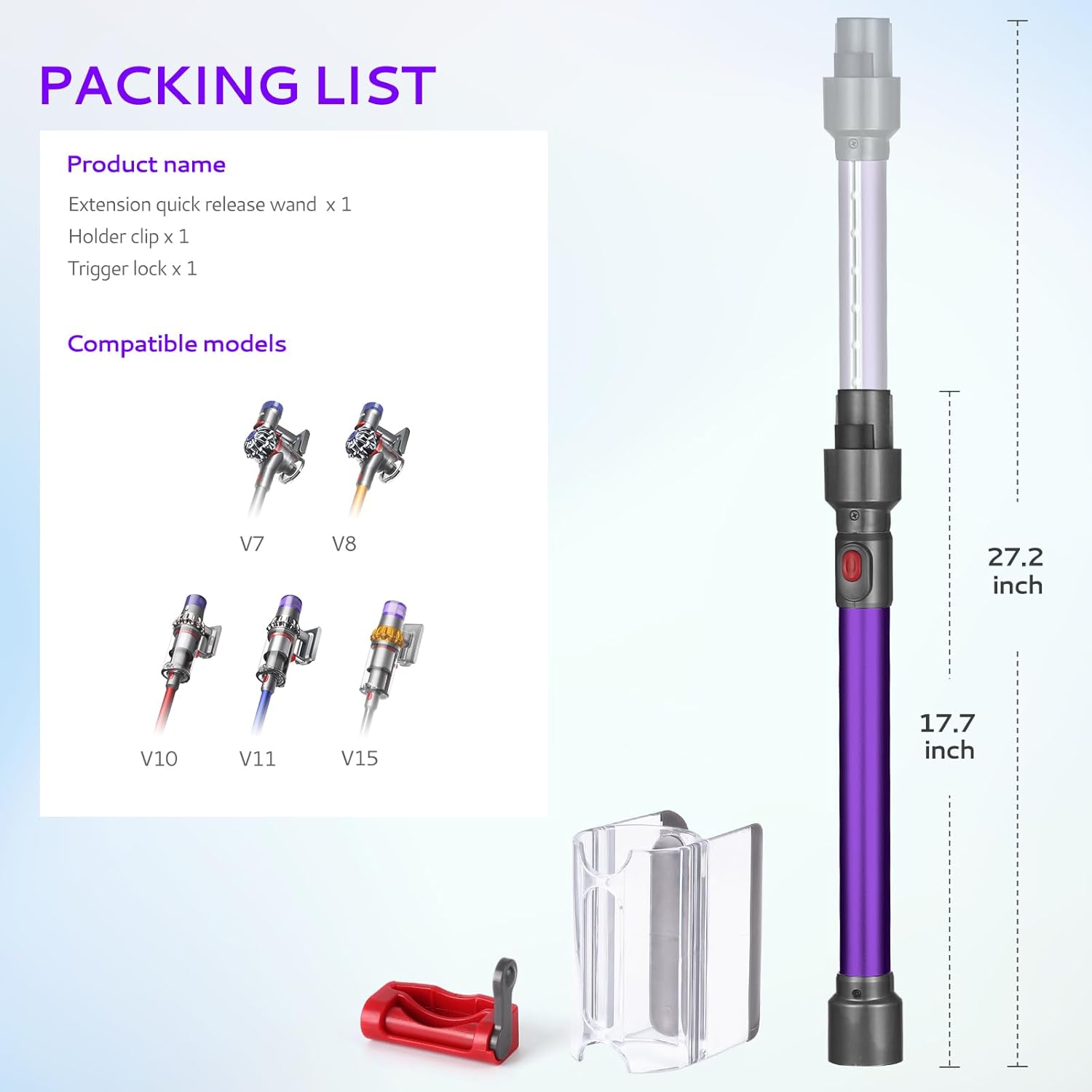Varita de extensión compatible con Dyson V7 V8 V10 V11 V15 accesorios de aspiradora inalámbrica, varita de liberación rápida, ahorro de espacio,