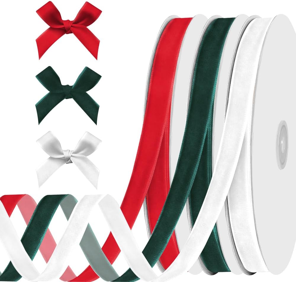 3 rollos de cinta de terciopelo de 38 pulgadas x 30 yardas de cinta de terciopelo rojo, blanco y verde, de Navidad, color rojo, verde, para envolver