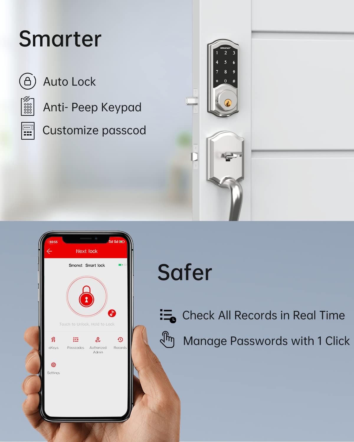 SMONET – Cerradura de puerta WiFi SMONET 5 en 1 con control remoto inteligente para puerta delantera, cerraduras de entrada sin llave, combo de