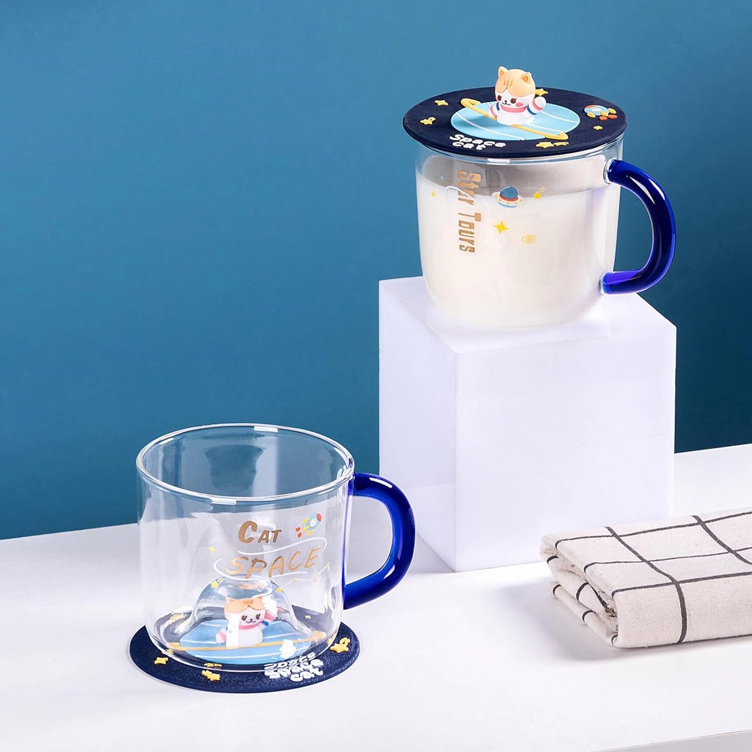 Zappazoso Bonita taza de café de cristal con tapa de silicona Kawaii Cat para café, té, leche, decoración estética de habitación, regalo divertido